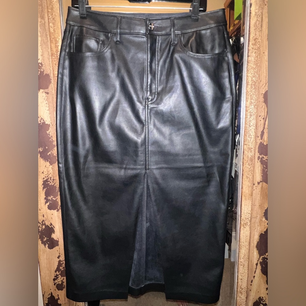 Express Black Faux-Leather Midi Skirt with Front Split